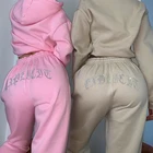 Женский флисовый спортивный костюм, толстовка с капюшоном и штаны для бега со стразами, комплект из двух предметов, элегантные осенне-зимние толстовки, наряды