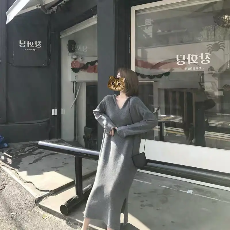 Pullover sweater female foreign loose v neck hooded knitted solid pullover warm and thin long sleeve sweater pullover female