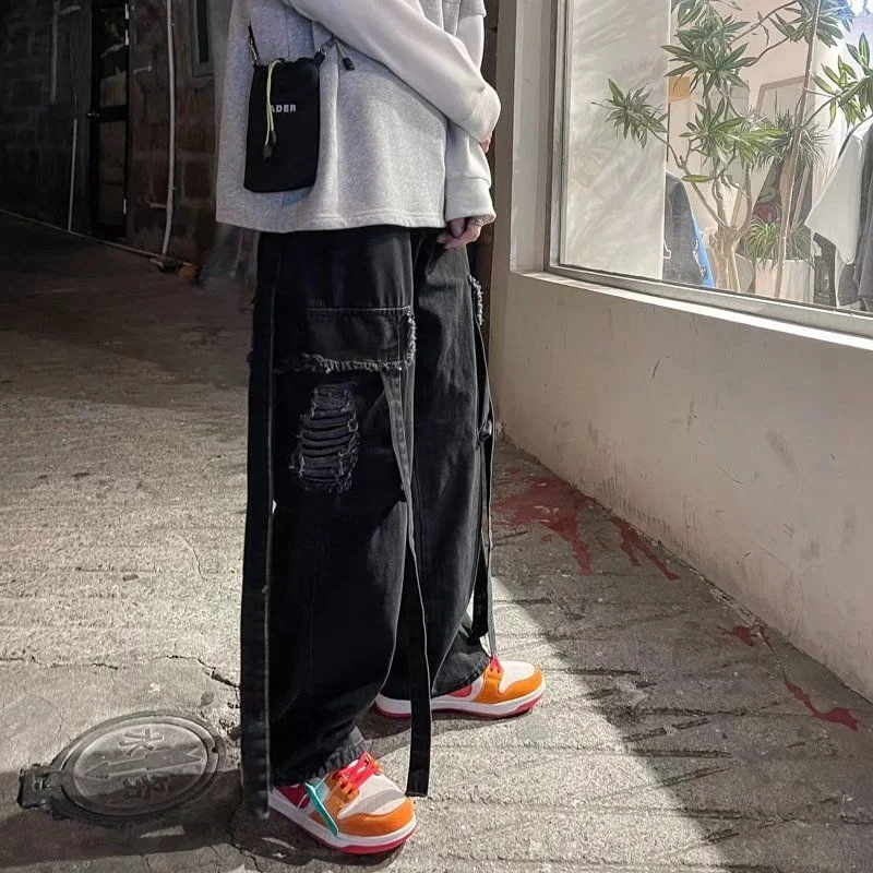 Blue Black Pocket Cargo Jeans Men Fashion Casual Wide Leg Jeans Mens Streetwear Loose Hip Hop Straight Hole Denim Pants Men