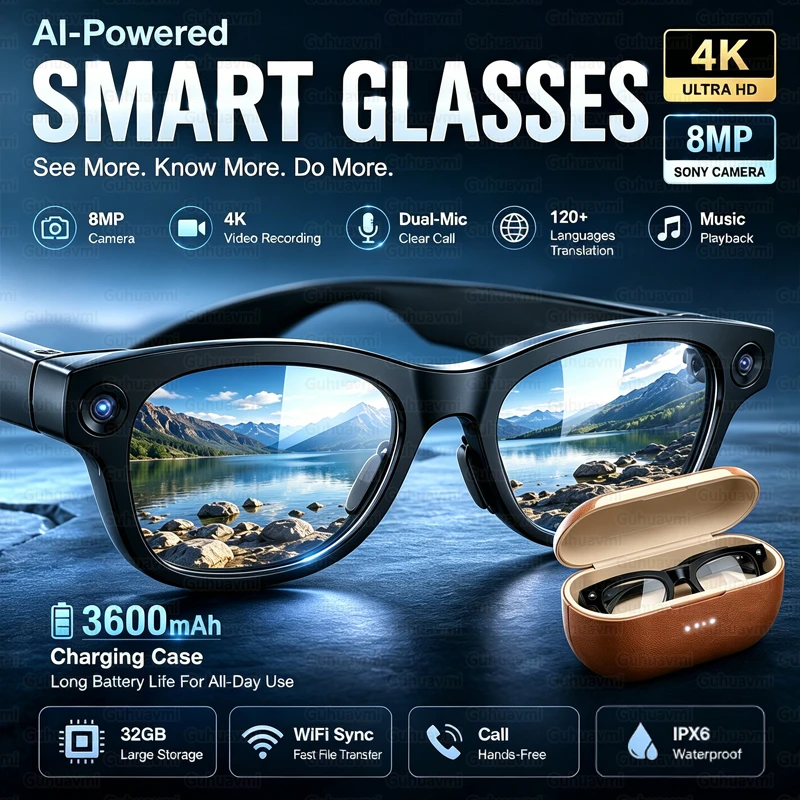 Фото Умные очки M02 Ultra 2026 с ИИ ChatGPT, HD-камерой 1080P, зарядным кейсом-пауэрбанком 3600 мАч, 32 ГБ памяти для музыки и видео, очки для перевода речи №1