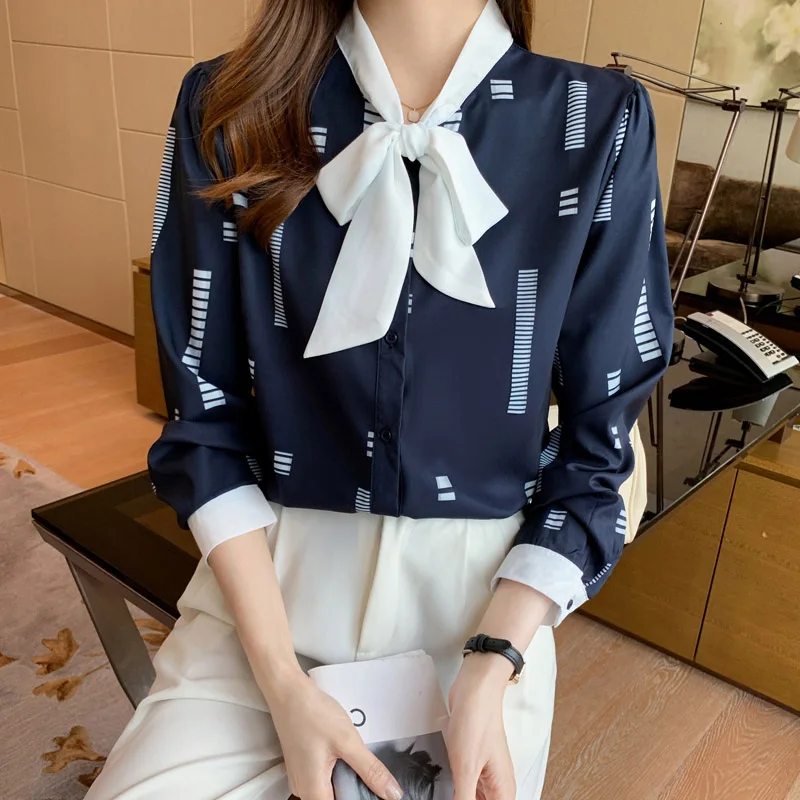 

Women's Bow Elegant Korean Fashion Chiffon Shirt Autumn Long Sleeve Printed Loose Casual Vintage Shirt Female Top Button Blouse