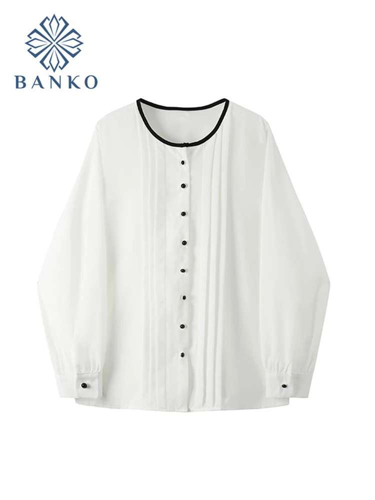 Blouses Women White Shirts Spring Autumn O Neck Singles Breasted Long Sleeve Tops 2021 New Fashion Ladies Simple Blusas Mujer