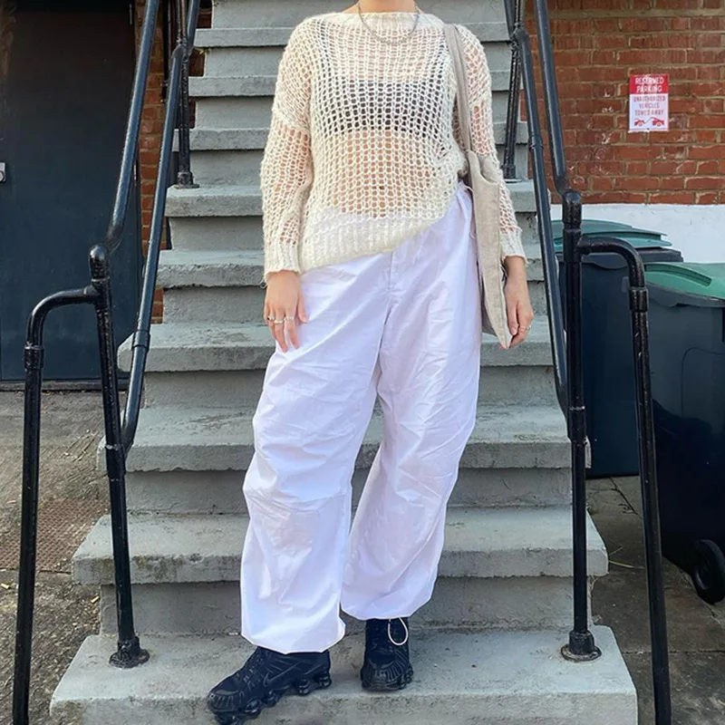 

Gothic Streetwear Casual Loose Solid White Cargo Pants Drawstring Joggers Harajuku Summer Loose Pants Female Sweatpants