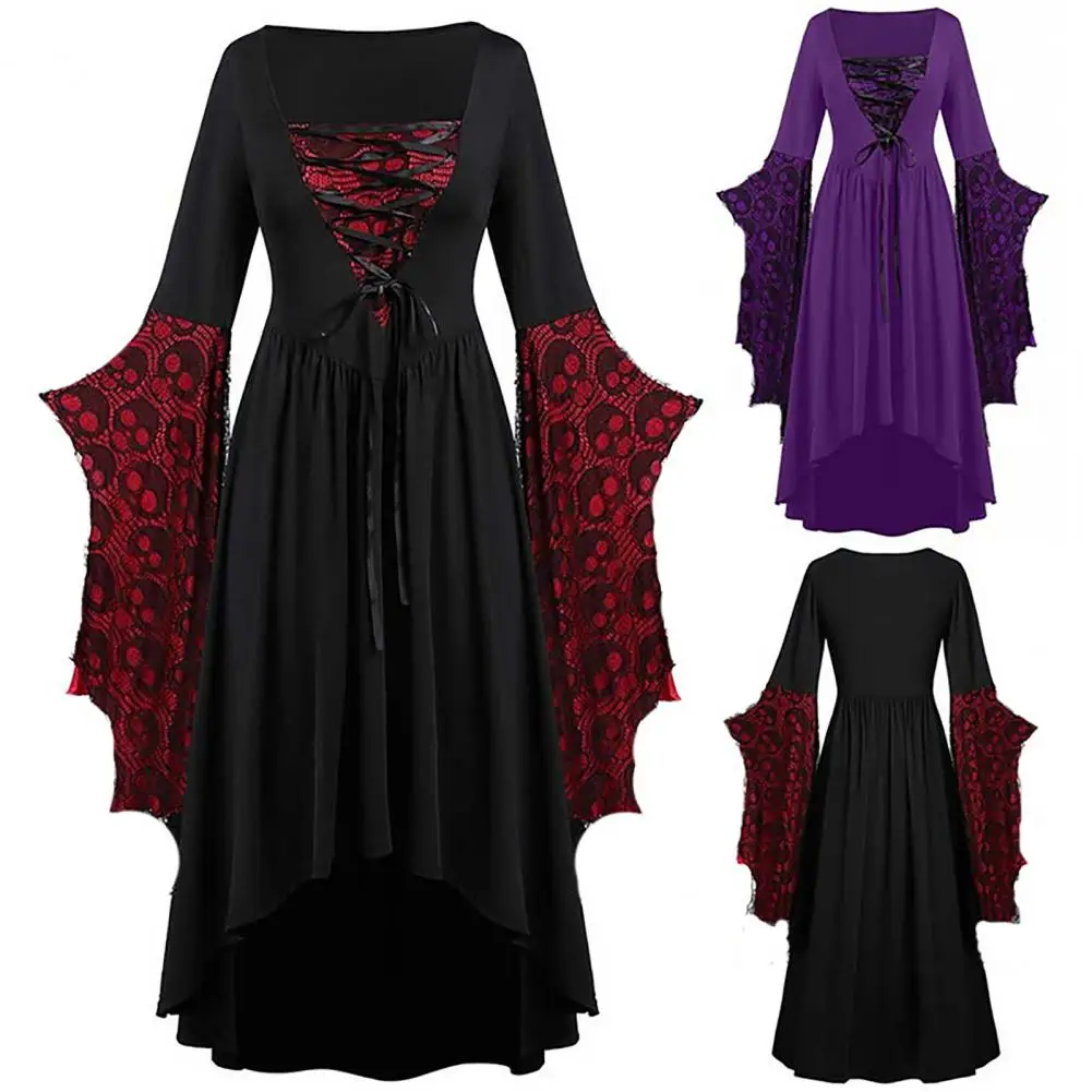 

Vintage Dress Long Sleeves High-Waist Medieval Cosplay Halloween Maxi Dress Costume Lace Stitching Women Dress for Banquet