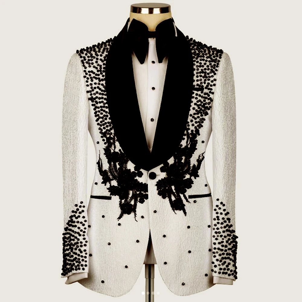 Роскошные мужские Цветочные Костюмы для свадьбы черные жемчужные аппликации из