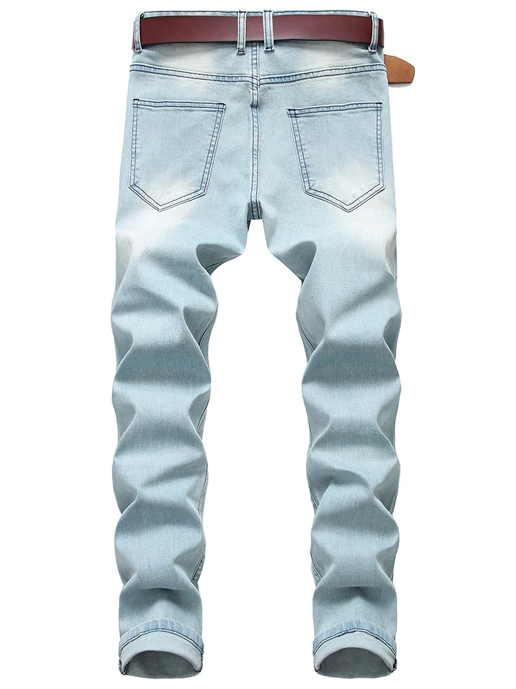 2023 Men European And American Street Denim Long Jeans Light Blue Feet Slim Solid Color Plus Size Denim Pants Free Shipping