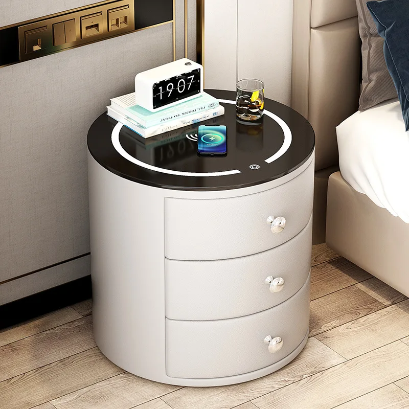 

Smart bedside table Wireless charging of bedside cabinet with lamp in bedroom Leather lockers creative storage shelves organizer