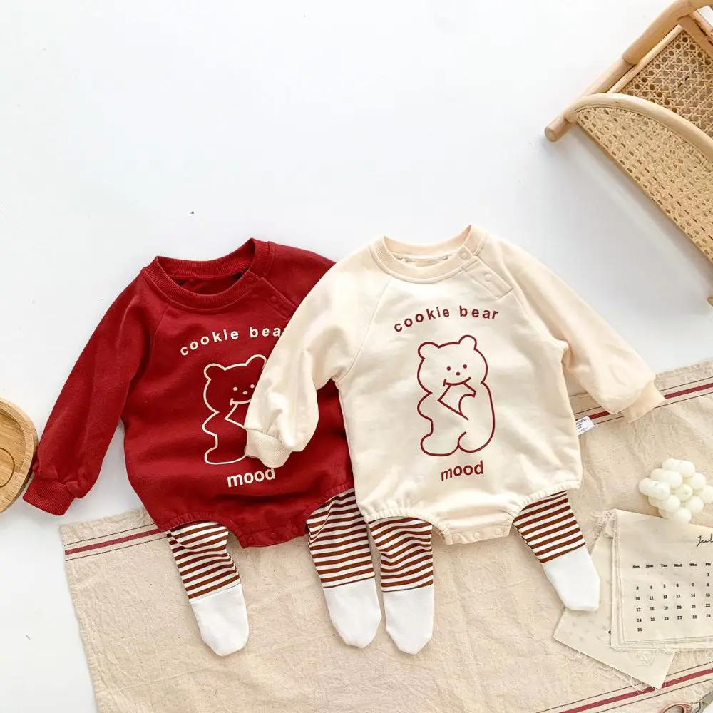 

Baby Romper Cute Cartoon Bear Round Neck Long Sleeve Bodysuit with Pasnts Spring Fall Outfit for Boys 0-36 Months Girls Clothes