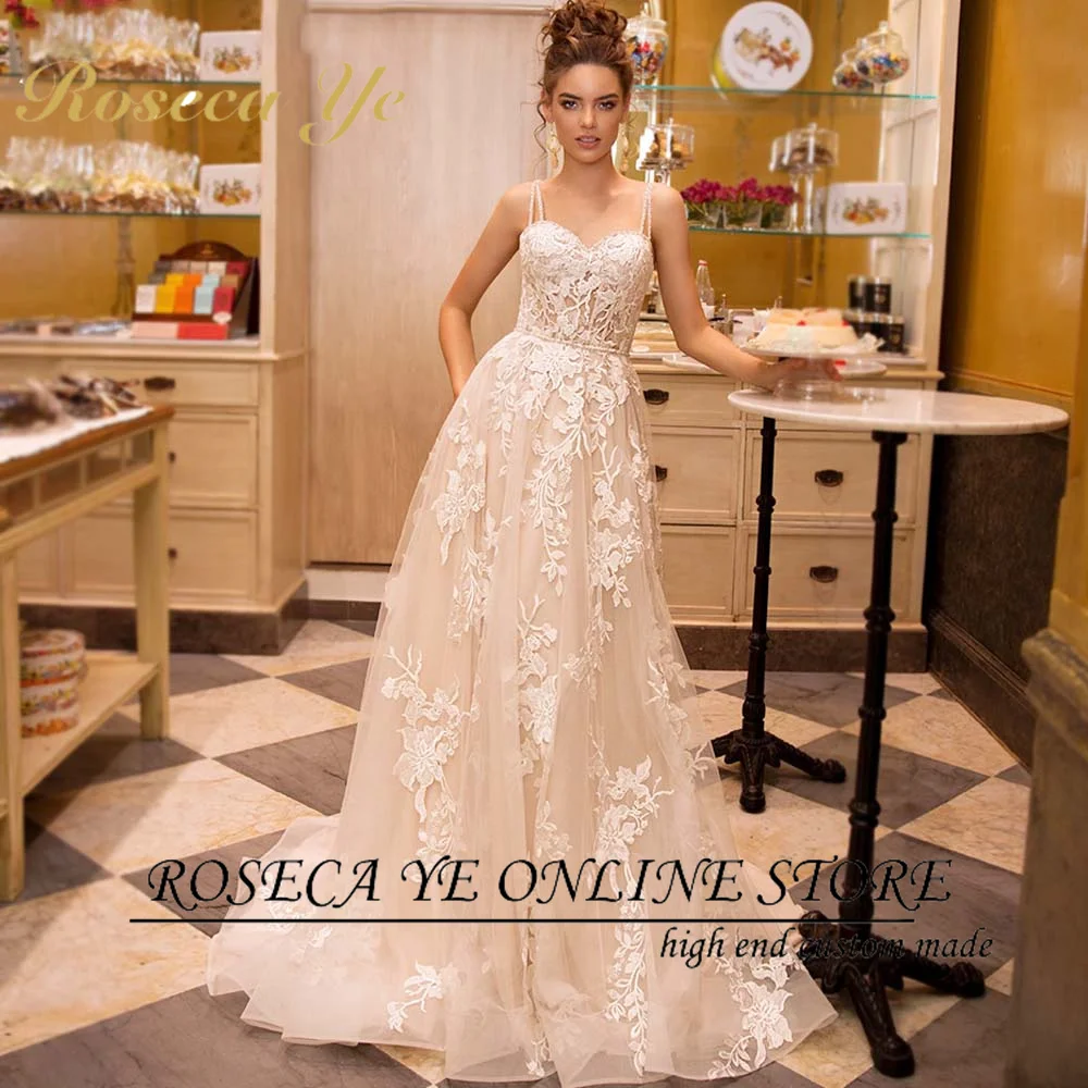 

Roseca Ye A-Line Wedding Dress 2022 Beach Spaghetti Straps Beaded Lace Appliques Sweetheart Boho Bridal Gown Vestido De Noiva