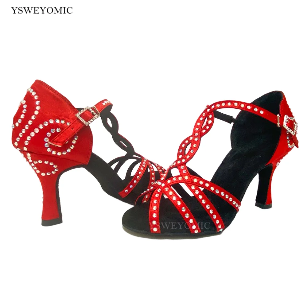 Red Women Latin Dance Shoes Mesh Soft Bottom Ballroom High Heel Dance Shoes For Girls Ladies Sandal Women's Wedding Dancing Shoe