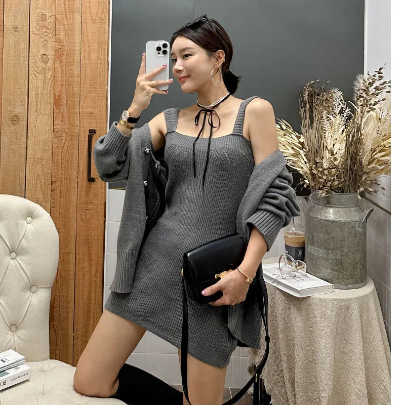 

New Elegant Autumn Knitting 2 Piece Set Dress Women Single-Breasted Jacket Coat + Sexy Spaghetti Strap Mini Knitted Dress Suits
