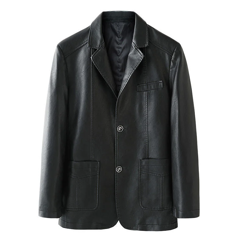 

Idopy Autumn New Long Sleeve Men`s Faux Leather Jacket 3 Buttons Blazer Collar Business Casual Jacket Coat Plus Size L-6XL