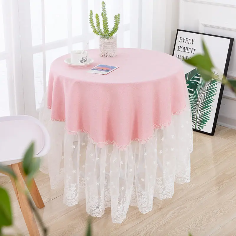 

Cotton Linen Round Table Cloth With 30CM Lace nappe de table Pink Table Cover for Party Wedding Home Decoration Round Tablecloth