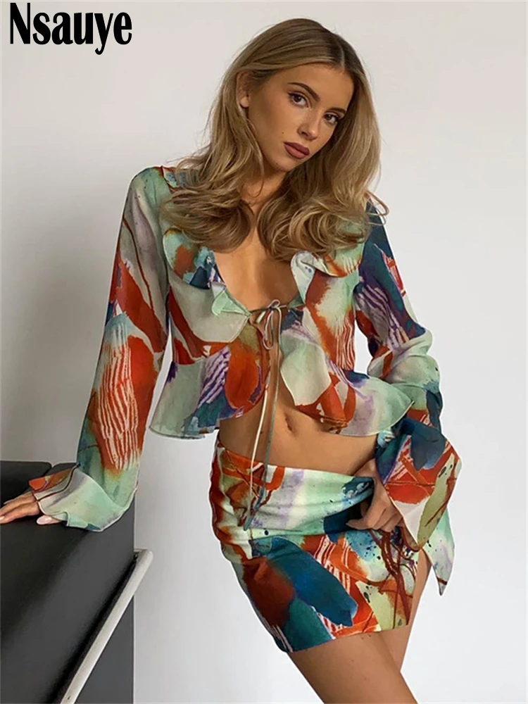 

Nsauye 2022 Y2K Tie Dye Print Ruffles Long Sleeve Two Piece Dress Set Sexy Women Summer Holiday Beach Tops And Mini Skirt Outfit