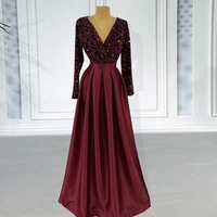 elegant evening night dress for women 2022 sequin velvet v neck long sleeves aline satin formal prom wedding party gowns