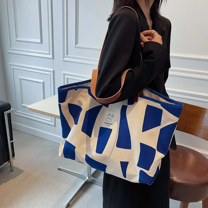 

Large Capacity Canvas Bags Women's Simple Casual Plaid Design Shoulder Bag Literature Versatile Work Student Shopping Handbag