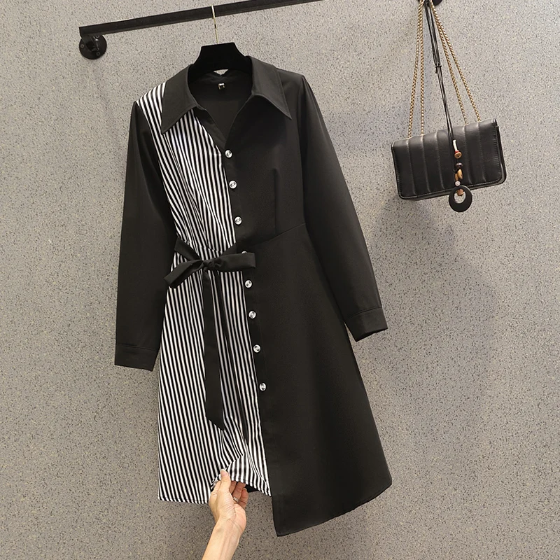 

SuperAen 2022 Spring Autumn Fashion Plus Size Loose Slim Turn-down Collar A-LINE Casual Dresses for Women