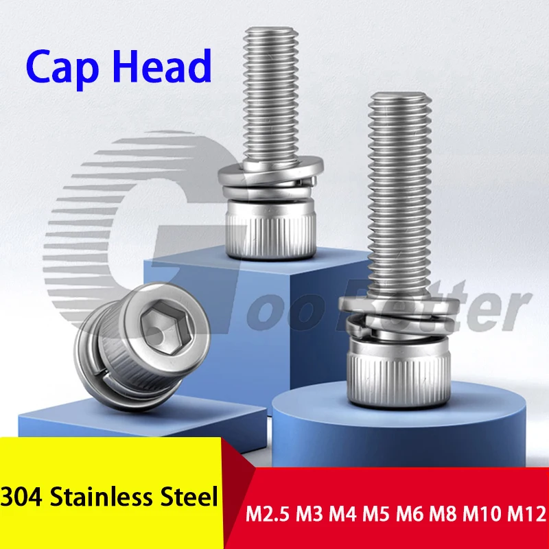 

A2 304 Stainless Steel Hexagon Hex Socket Cap Head SEM Screw Flat Washer Spring Gasket Assemble Bolt M2.5 M3 M4 M5 M6 M8 M10 M12