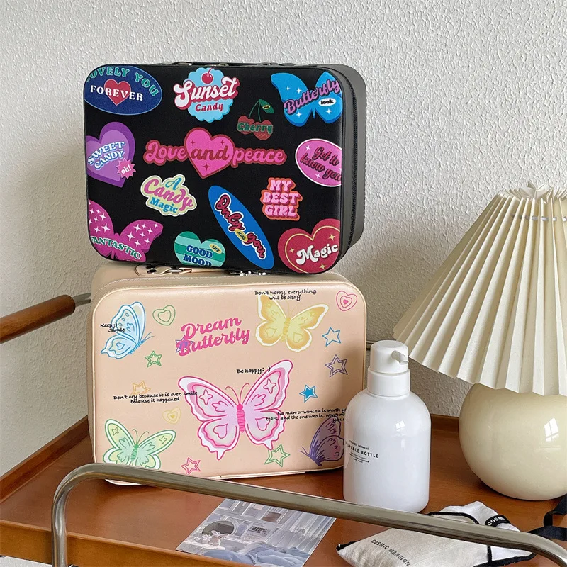 

Korean Ins Storage Containers Travel Cosmetic Organizer Box Kawaii Puppy Toiletry Bag Y2K Heart Butterfly Jewelry Makeup Case