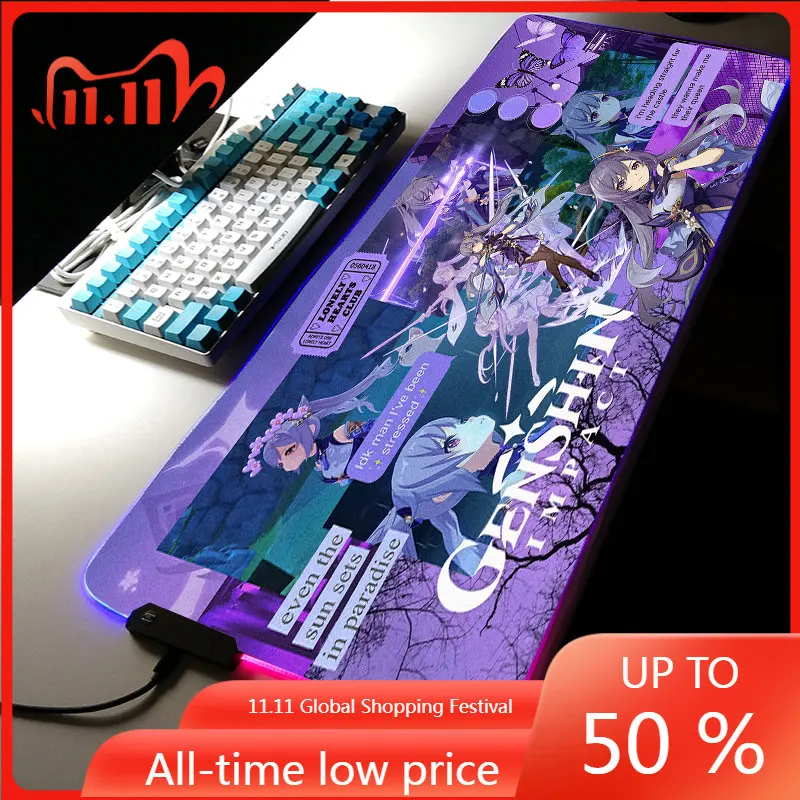 

Drop Shipping RGB LED Light Gaming Accessories Genshin Impact Cute Mouse Pad XXL Large Keyboard Non-Slip Game Desk Mat for LOL