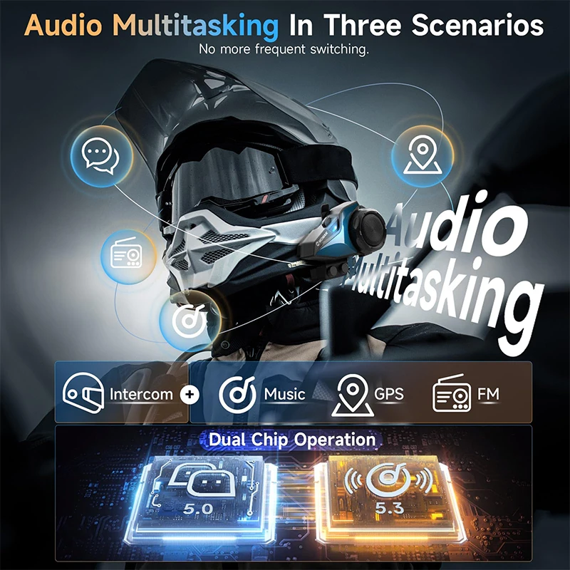 Фото Moman H2E H2 мотоциклетный домофон H2E с двойным чипом для аудио HiFi/Music Sharing/FM/AI голосовой мотоциклетный домофон для наушников №4