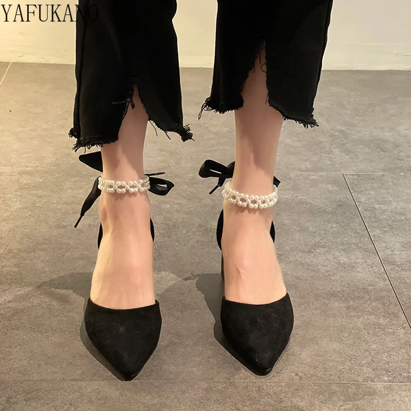

Fashion Thick Heel Sandals Pointed Toe String Bead Chain High Heels Sweet Bow Ladies Pumps Mid Hollow Party Dress Single Shoes