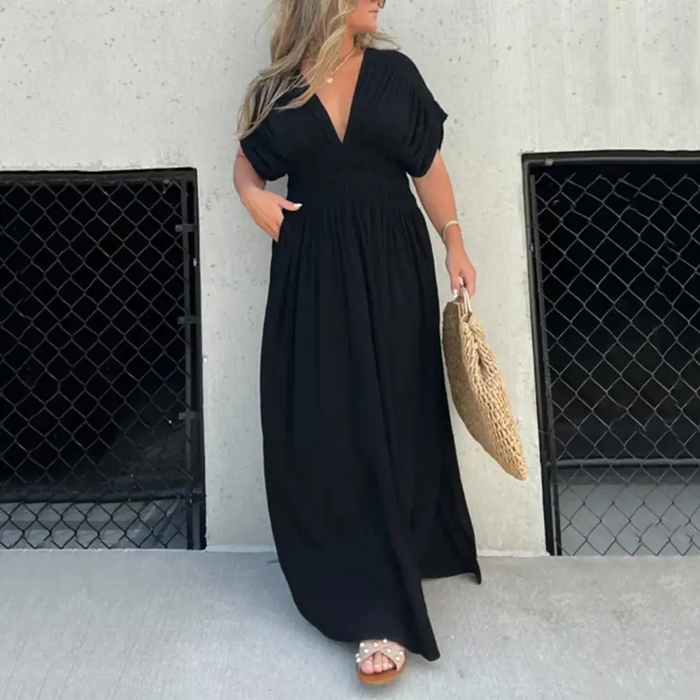 

Elegant Maxi Dress Elegant Streetwear V-neck Maxi Dress with Batwing Sleeves Elastic High Waist Side Split Hem Summer Fashion