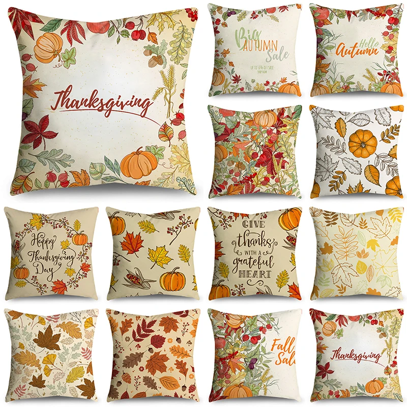 

Autumn Thanksgiving Leaves Maple Leaves Pumpkins Throw Pillowcase Cushion Covers For Sofa Office Bedroom Decor Multiple Size