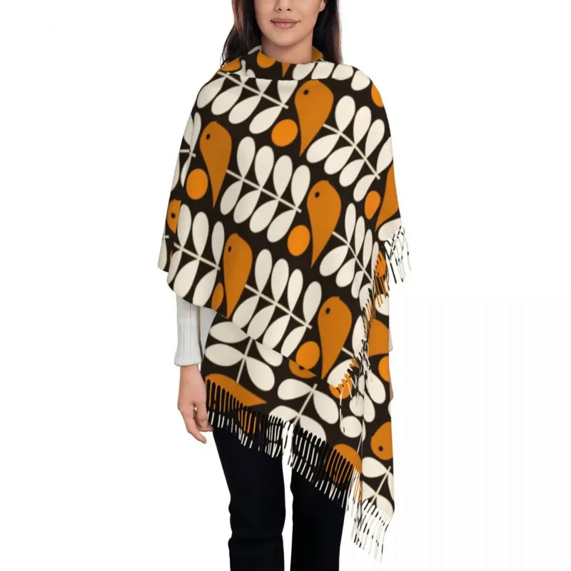 

Stylish Multistem Birds Black White Orange Tassel Scarf Women Winter Fall Warm Shawls Wraps Lady Orla Kiely Scandi Scarves