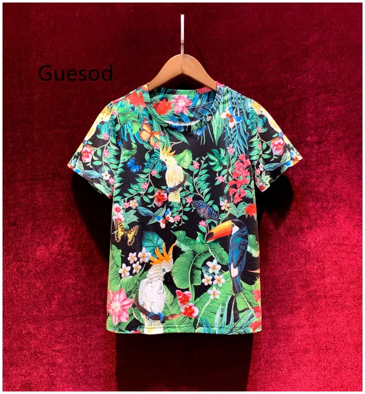 Guesod Women Ladies Elegant 2022 Summer Vintage Parrot Print Handmade Beading Slim Short Sleeve T-Shirt Female New Arrive