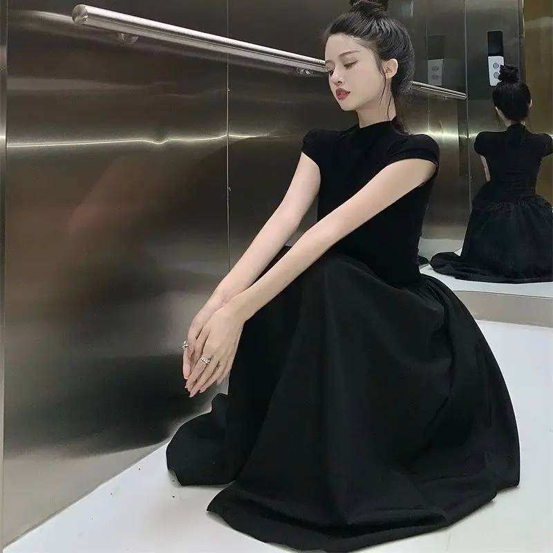 

Hsa Elegant Long High Waist Sleeveless Dress Women Summer Slim A Line Knit Dress Gothic Black Pleated Party Night Dress