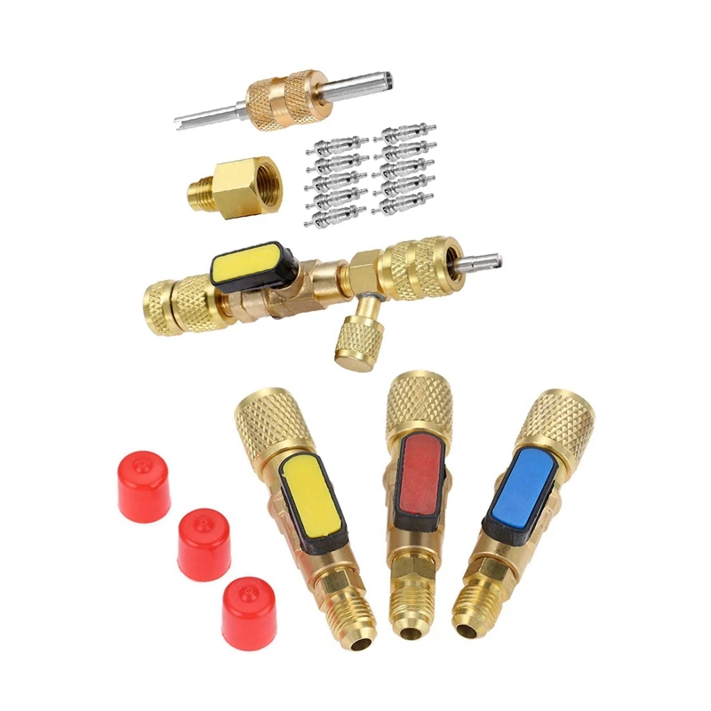 

Латунные прямые шаровые клапаны R410A для хладагента, 1 комплект, клапан SAE и 1 комплект, инструмент для установки сердечника клапана R410A R22