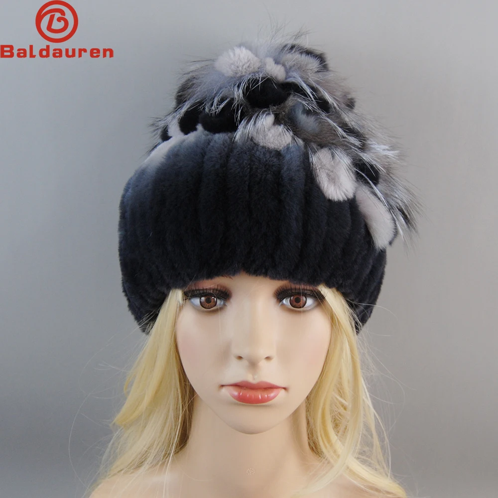 

Russian Winter Female Real Genuine Rex Rabbit Fur Cap Knitted Real Rex Rabbit Fur Hat Women Real Rabbit Fox Fur Skullies Beanies