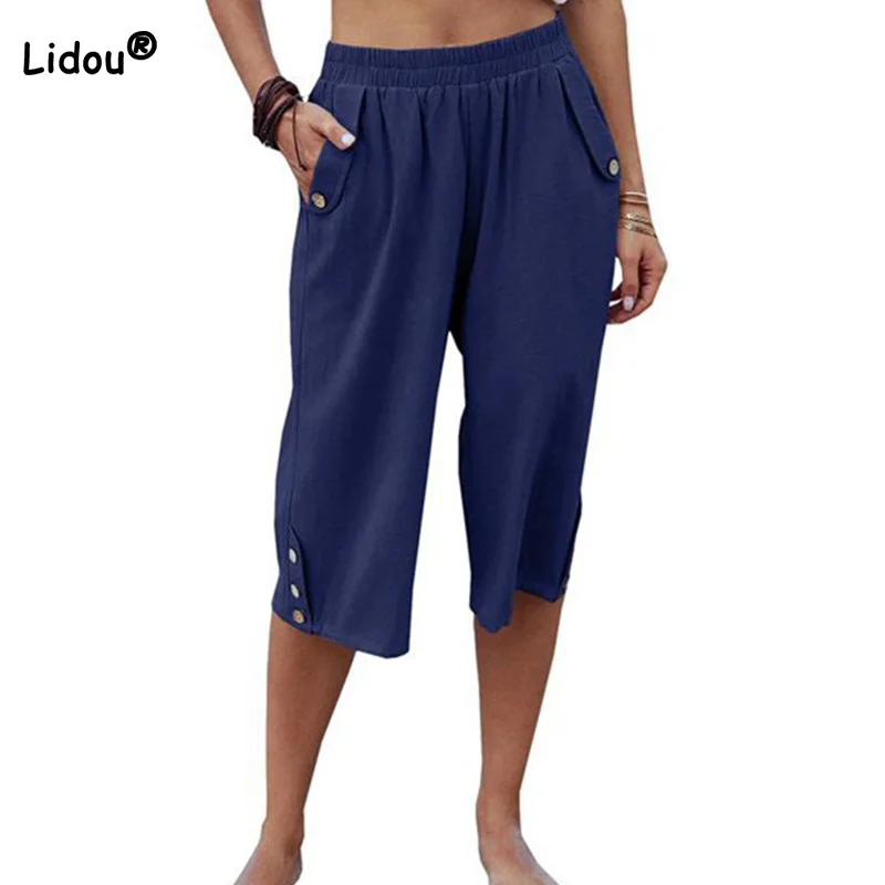 

Брюки женские эластичные средней посадки, однотонные свободные штаны из хлопка и льна, на пуговицах, в стиле пэчворк, для отдыха, летние