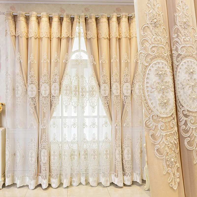 

Luxurious Royal Embossed Floral Curtains for Bedroom Romantic Beaded Velvet Embroidery Double Layer Living Room Window Drapes
