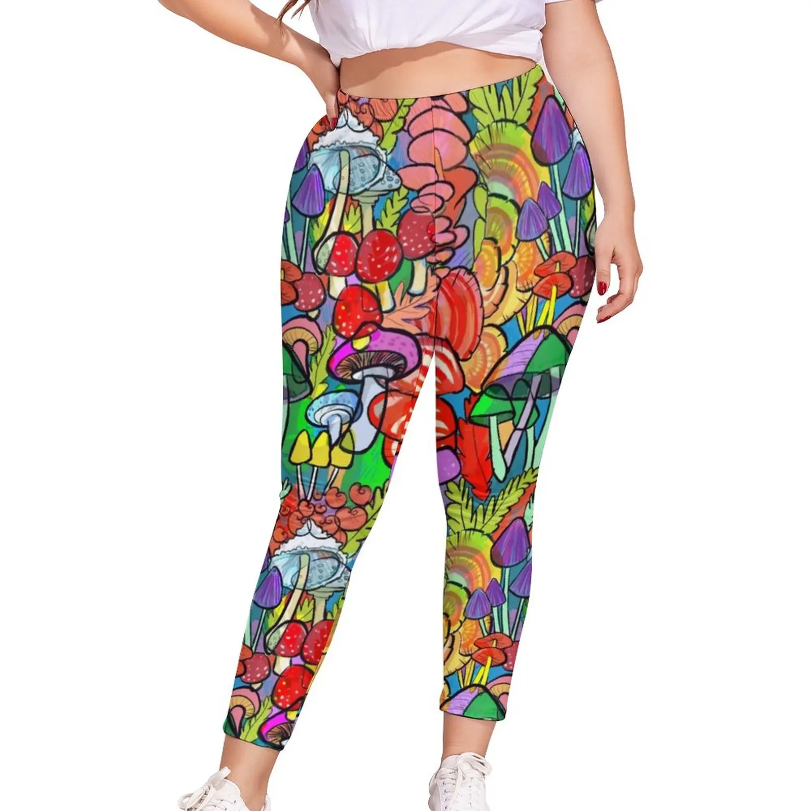 

Женские эластичные леггинсы с принтом в виде грибов, большие размеры 4XL 5XL