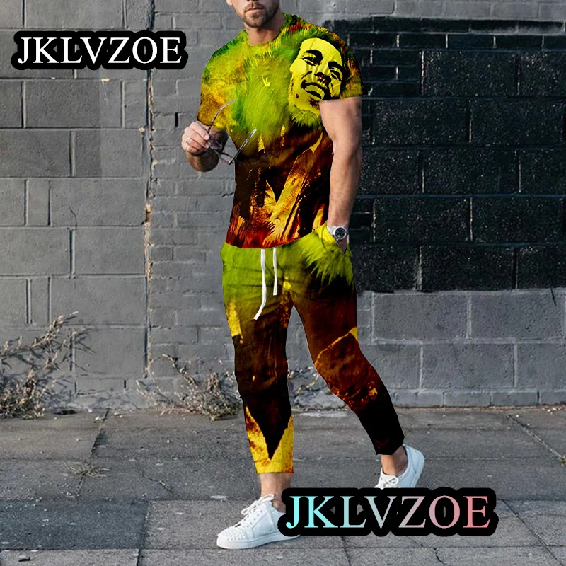 Bob Marley Trousers Tracksuits Men Printing TShirt Casual Shirt Suit Vintage Outfit New Fashion Clothing Street Style Plus Size