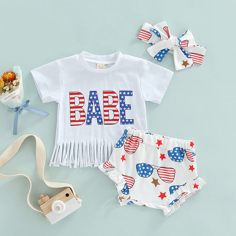 

Newborn Girl Short Pants Outfits Short Sleeve Tassel Hem T-Shirt + Elastic Ruffles Decor Shorts + Cute Headband Set 0-24 Months