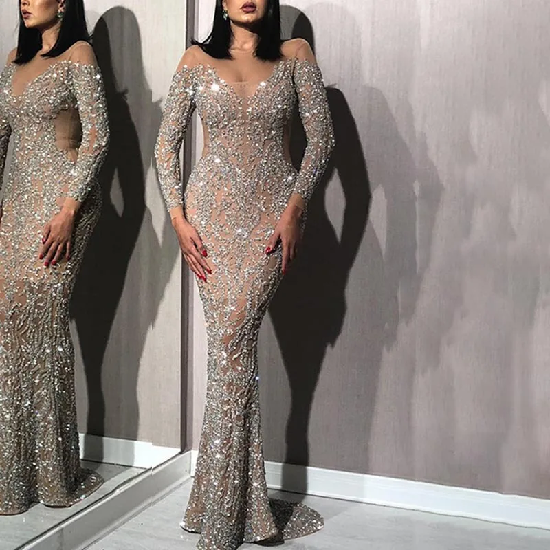 New 2022 Women Mermaid Prom Dress Sexy Sequins Deep V-neck Long Sleeve Evening Party Maxi Gown