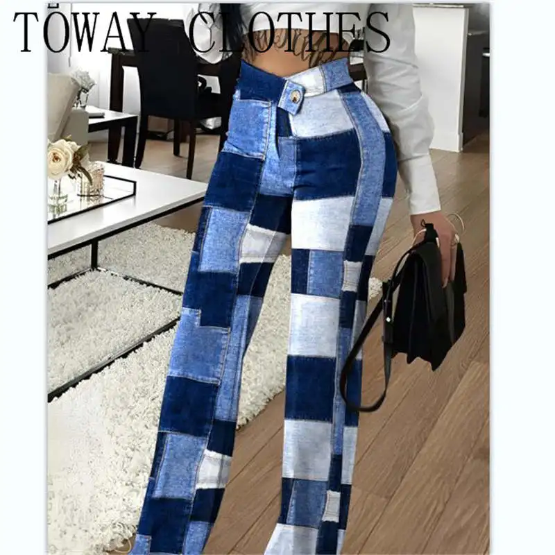 

Брюки женские повседневные из денима, офисные модные базовые штаны с завышенной талией и принтом, одежда для улицы, на лето