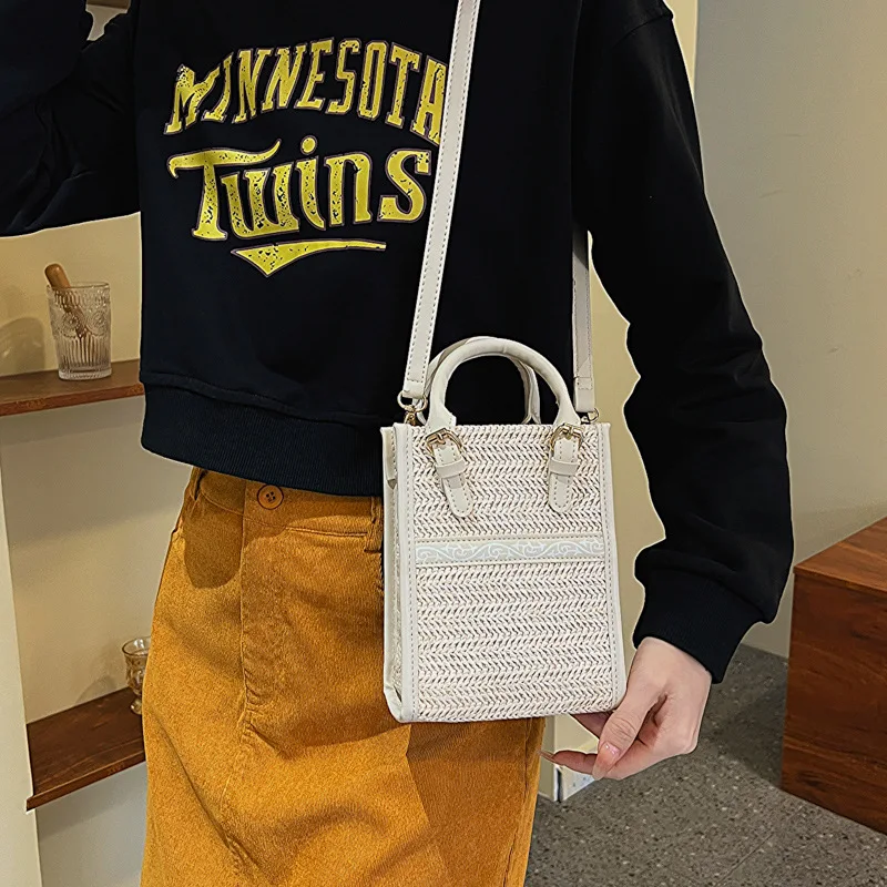 2023 Summer New Straw Shoulder Bag Fashion Small Square Top-handle Bag Designer Crossbody Bags for Women Casual Beach Handbags