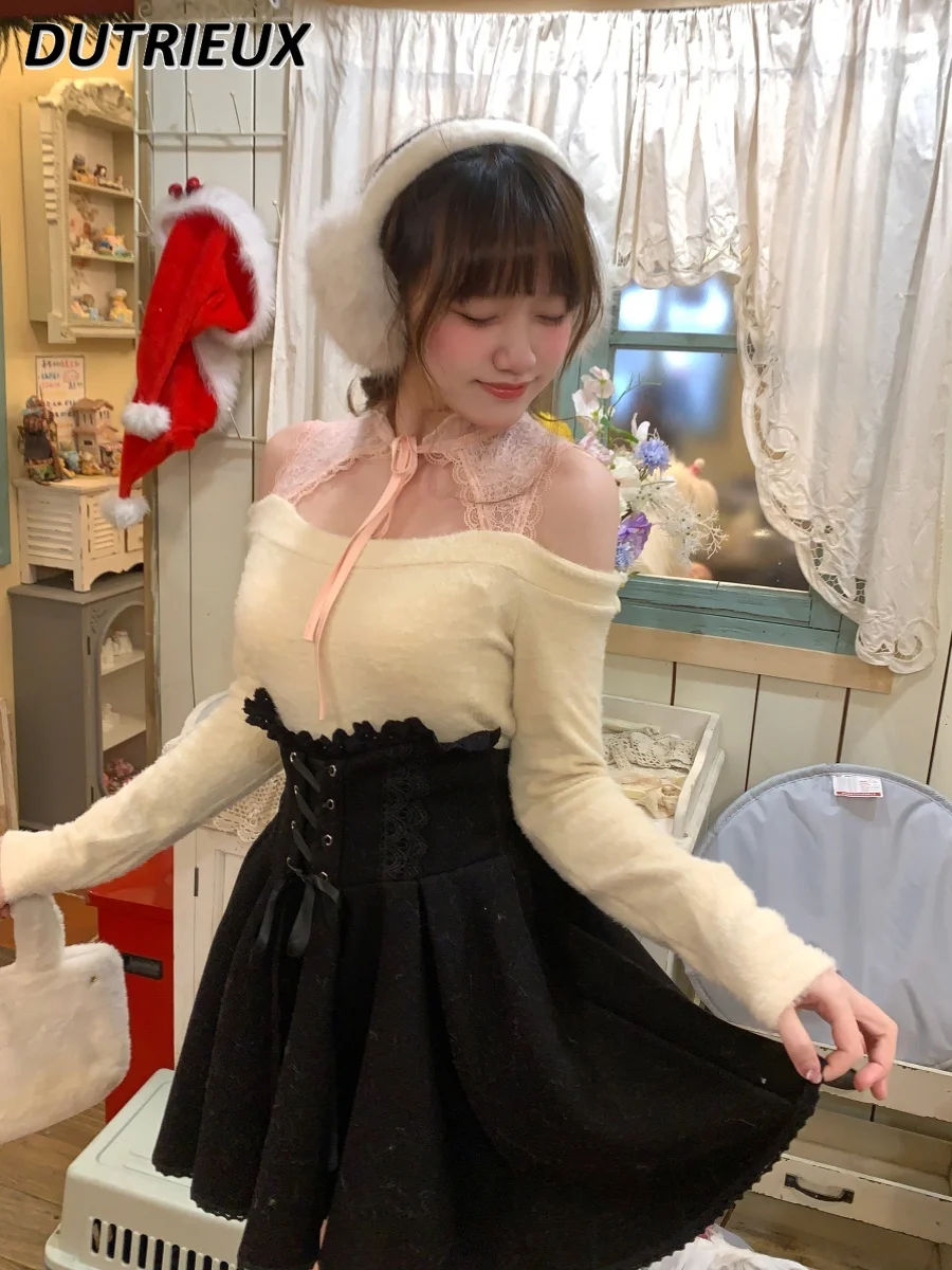 Весенне-осенний новый милый вязаный топ с длинными рукавами и бантом на плечах