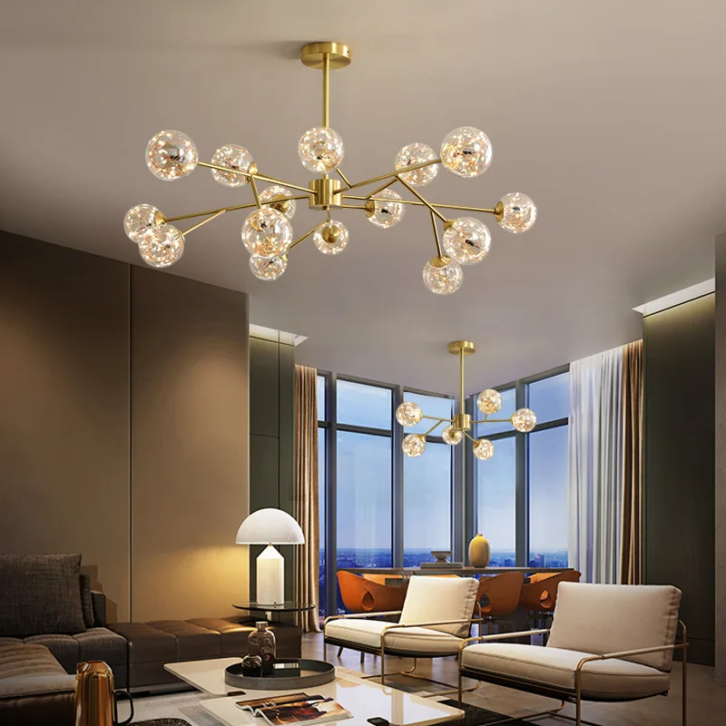 

Light luxury glass chandelier golden simple European creative dining room living room molecule bedroom lamp ceiling chandelier