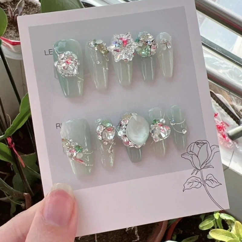 Handmade Wearable False Nail Aart With Icy Translucent Jade Colour Very Shining Glittering Rhinestones Fake Nail Art Decoration