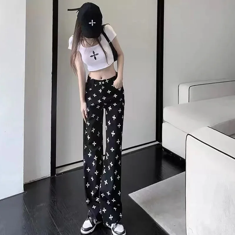 American Style Crucifix Printed Y2k Baggy Jeans Women Spring Summer Street Casual Pants Vintage High Waist Wide Leg Traf Trouser