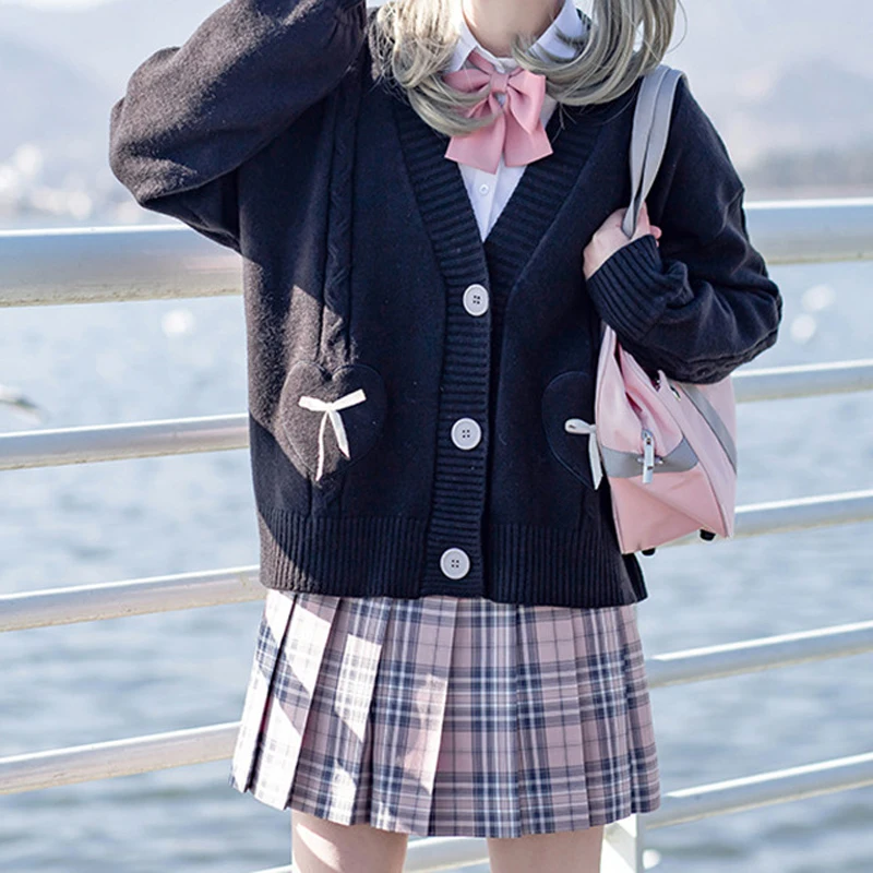 

Весенний японский кардиган в стиле "Лолита", модные розовые топы, Женский винтажный укороченный вязаный свитер с милым бантом и сердечками, корейское школьное пальто JK