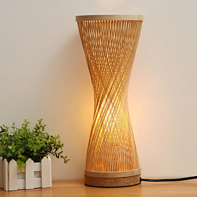 

Moderne Hand Gebreide Weven Bamboe Tafellamp Slaapkamer Bedlampje Hout Rotan Lampenkap Kamer Home Decor Art Bureaulamp