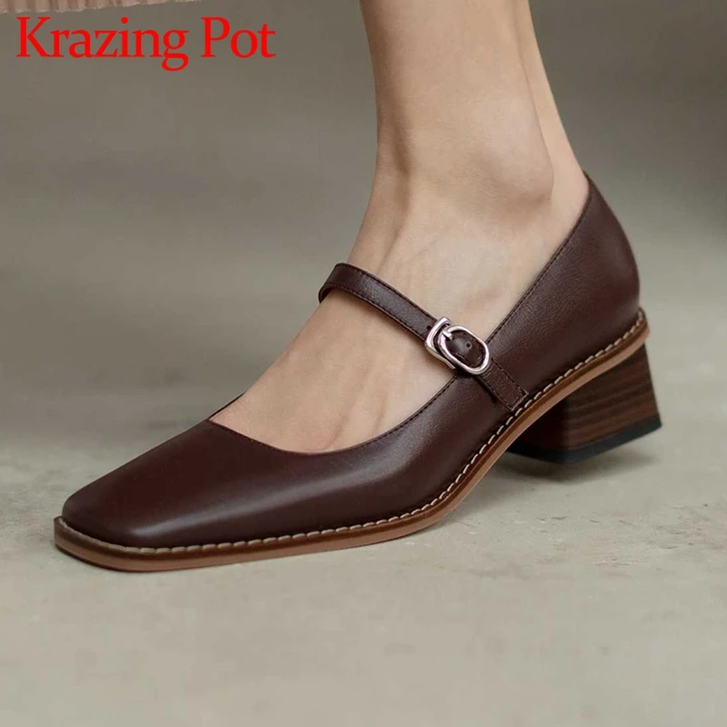 

Krazing pot natural leather square toe med heel preppy style young lady streetwear buckle strap fashion solid women pumps L43