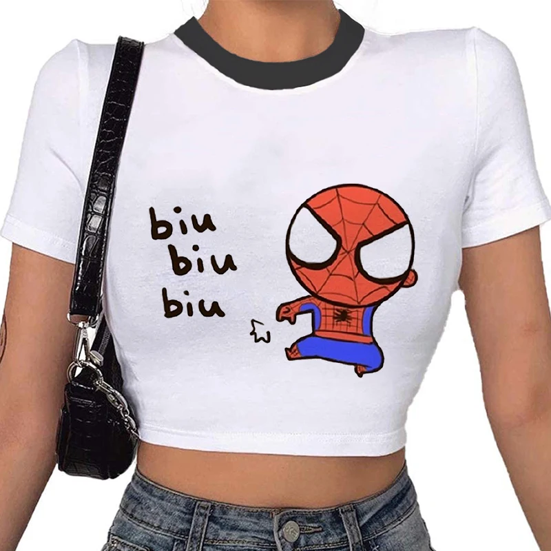 Disney Spiderman Kawaii Print T-shirt Women Harajuku Aesthetics White Tops Tshirt Tee 2022 New Summer Fahsion Y2k Female T Shirt