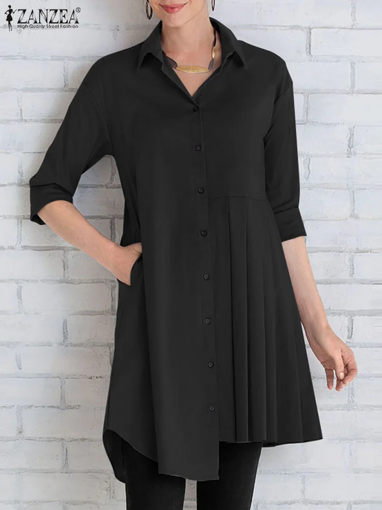 

ZANZEA Women Asymmetrical Pleated Shirts Lapel 3/4 Sleeve Casual Solid Long Tops 2023 Summer Blouses Buttons Loose Blusas Femme